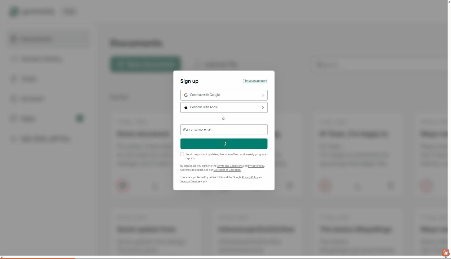 Privacy & Terms Guardian reviewing Grammarly's sign-up terms live, then suggesting privacy-first alternatives
